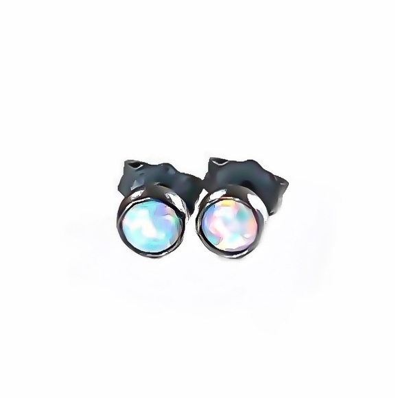 Oxidized 925 Sterling Silver 4mm Genuine White Fire Opal Gemstone Stud Earrings - Picture 7 of 13